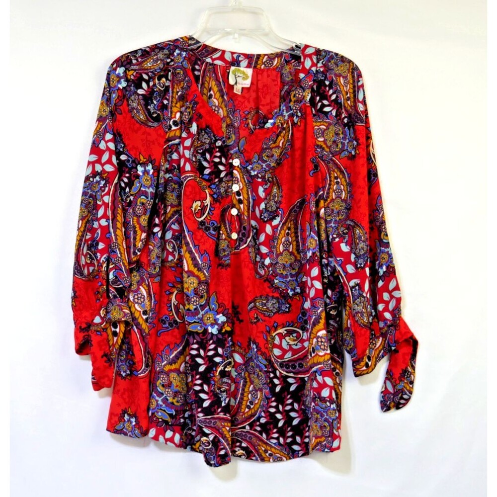 Fig and Flower Artsy Paisley Colorful Boho Blouse Size 1X Top Orange Multi Color